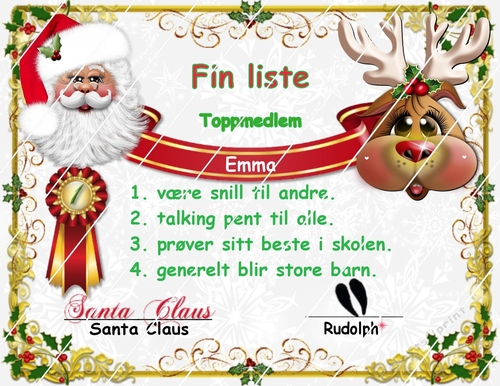 NORWAY SANTAS GOOD LIST CERTIFICATE WITH RUDOLPH