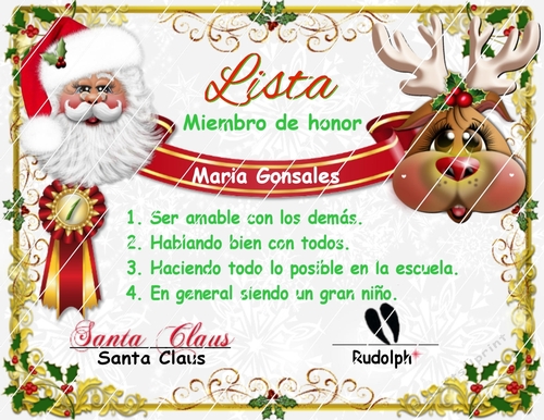SPANISH SANTAS GOOD LIST CERTIFICATE WITH RUDOLPH