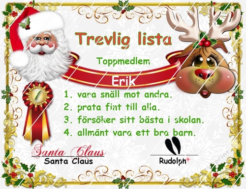 SWEDISH SANTAS GOOD LIST CERTIFICATE WITH RUDOLPH