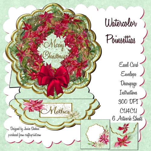 WATERCOLOR POINSETTIAS - EASEL CARD DECOUPAGE AND ENVELOPE KIT 
