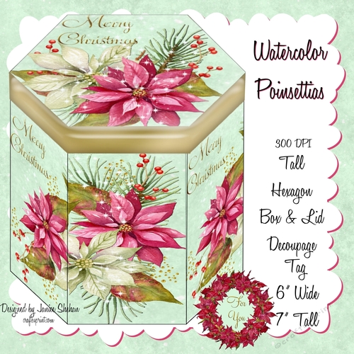 WATERCOLOR POINSETTIAS - HEXAGONAL GIFT BOX - HB 117
