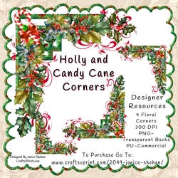 CHRISTMAS, HOLLY, CANDY CANES FLORAL FLOWER CORNER PNG CLIPART