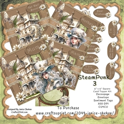 STEAMPUNK 3 STEAM PUNK BIRTHDAY 4 CARD TOPPER BUMPER KIT WITH DECOUPAGE AND ENVELOPE