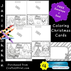 4 CHRISTMAS SANTA COLORING COLOURING CARDS WITH ENVELOPES DIY PRINTABLE CHILDREN GREETING CARDS