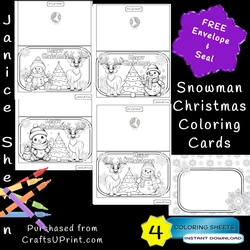 4 CHRISTMAS SNOWMAN COLORING COLOURING CARDS WITH ENVELOPES DIY PRINTABLE CHILDREN GREETING CARDS