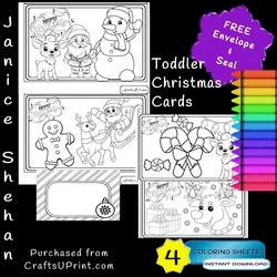 4 CHRISTMAS TODDLER EASY COLORING COLOURING CARDS WITH ENVELOPES DIY PRINTABLE CHILDREN GREETING CARDS