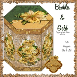 GORGEOUS TALL HEXAGONAL DECOUPAGE BOX - BAUBLES AND GOLD CHRISTMAS