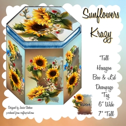 GORGEOUS TALL HEXAGONAL DECOUPAGE BOX - SUNFLOWERS KRAZY