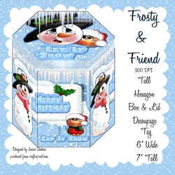 GORGEOUS TALL HEXAGONAL DECOUPAGE BOX - FROSTY AND FRIEND