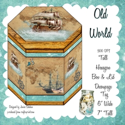 HANDSOME TALL HEXAGONAL DECOUPAGE BOX - OLD WORLD -  MEN MALE
