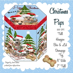 GORGEOUS TALL HEXAGONAL CHRISTMAS DECOUPAGE BOX - CHRISTMAS PUPS