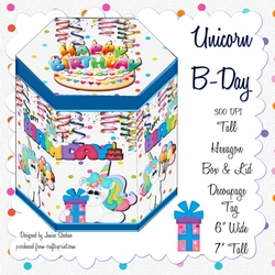 TALL HEXAGONAL DECOUPAGE BOX - UNICORN B-DAY!