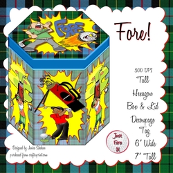 GORGEOUS TALL HEXAGONAL DECOUPAGE BOX - FORE! FATHERS DAY BIRTHDAY