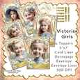 6 CARDS VICTORIAN GIRL GIRLS 5X7 CARD KIT, ENVELOPE, LINERS, DECOUPAGE BUMPER KIT