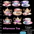 TEA CUPS POTS, AFTERNOON TEA, CLIPART, SUBLIMATION, CARDS