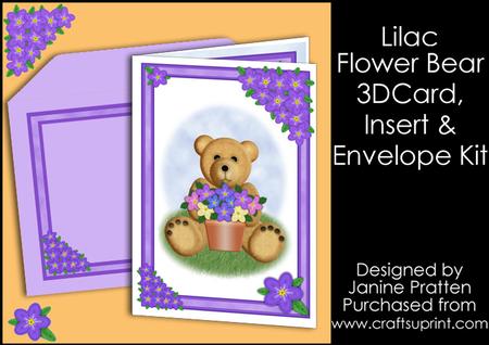 Teddy Bear with Lilac Bouquet & Floral Border Card Kit