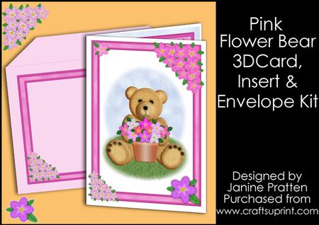 Teddy Bear with Pink Bouquet & Floral Border Card Kit