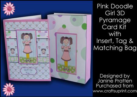 Pink Doodle Girl 3D Card, Insert & Gift Bag Kit