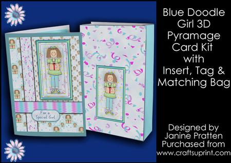 Blue Doodle Girl 3D Card, Insert & Gift Bag Kit