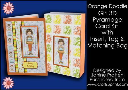 Orange Doodle Girl 3D Card, Insert & Gift Bag Kit