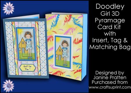 Blue Doodley Girl 3D Card, Insert & Gift Bag Kit