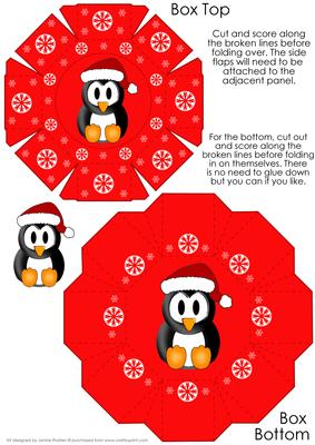 Cute Red Octagon Gift Box with 3D Penguin Topper