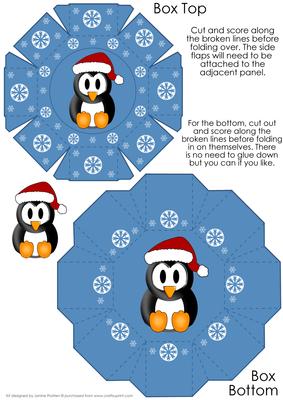 Cute Blue Octagon Gift Box with 3D Penguin Topper