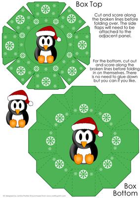 Cute Green Octagon Gift Box with 3D Penguin Topper