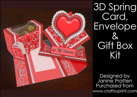 3D Spring Card with Envelope & Gift Box - Red Heart