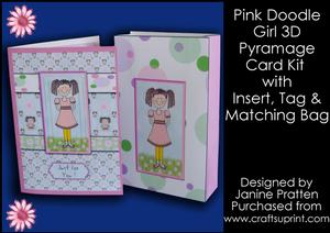 Pink Doodle Girl 3D Card, Insert & Gift Bag Kit
