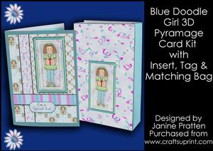Blue Doodle Girl 3D Card, Insert & Gift Bag Kit