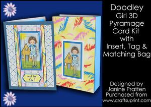 Blue Doodley Girl 3D Card, Insert & Gift Bag Kit