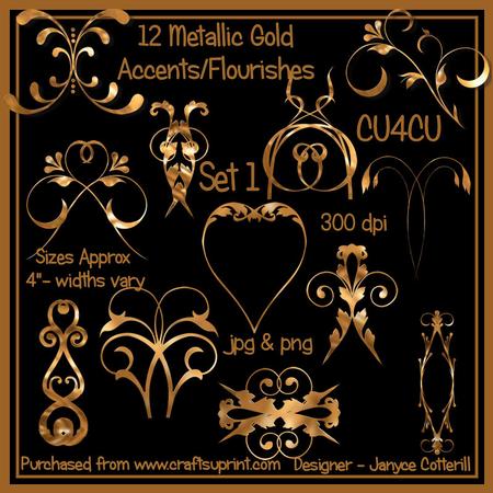 12 Metallic Gold Accents/flourishes Cu4cu Set 1