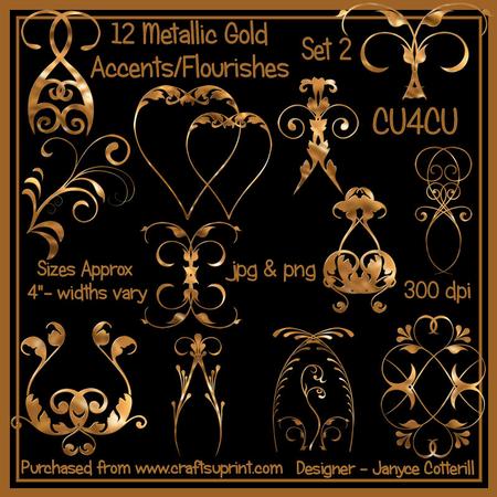 12 Metallic Gold Accents/flourishes Cu4cu Set 2