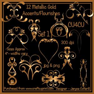 12 Metallic Gold Accents/flourishes Cu4cu Set 1