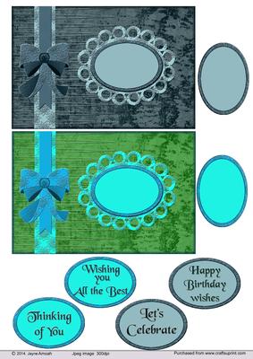 Decorative Card Front Wiith Bow in Blues and Green