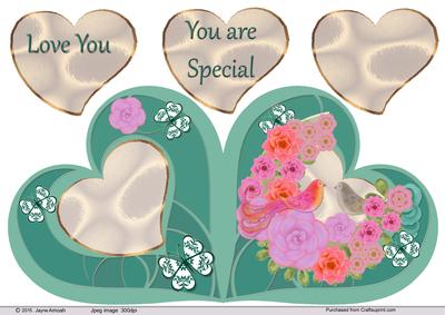 Heart Shaped Teal Card 3 Birds and Flowers