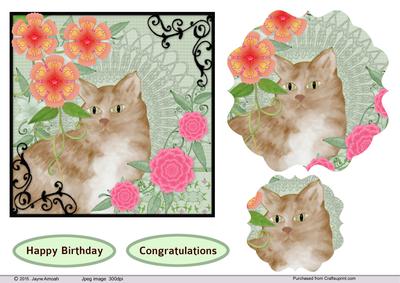 Ginger Cat 2 in Florals Card Front
