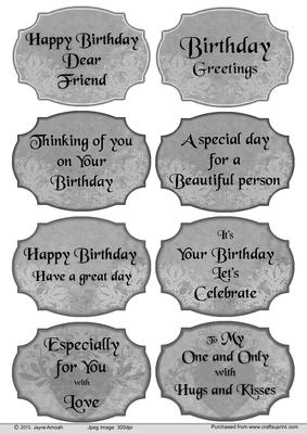 Birthday Sentiments Labels-2- in Grey Tones