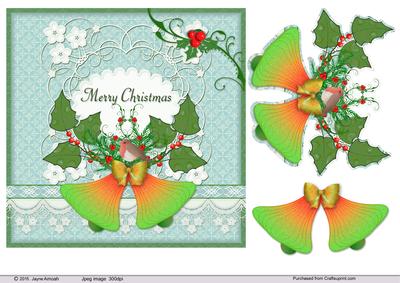 Merry Christmas-bells with Robin - in Blue