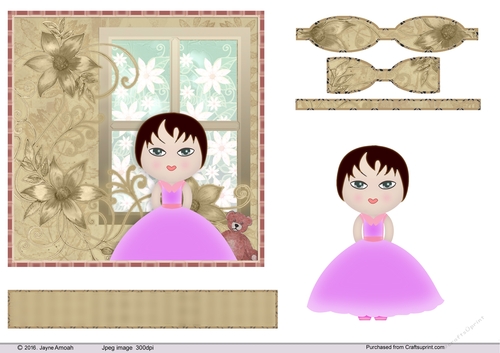 Little giri in front of a floral window scene