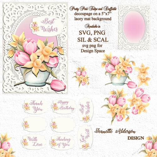 Pink tulips and Daffodils decoupage on a lacey back cutting file greeting card