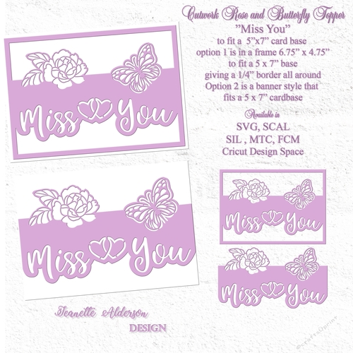 Cutwork rose and butterfly Miss You  topper cutting file with two options 