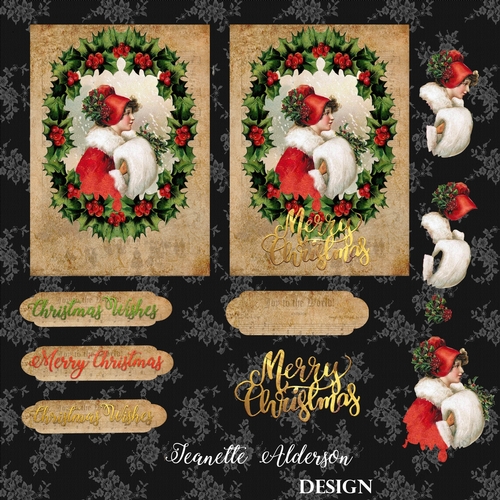 Vintage Christmas Holly Girl in Red Christmas card cutting