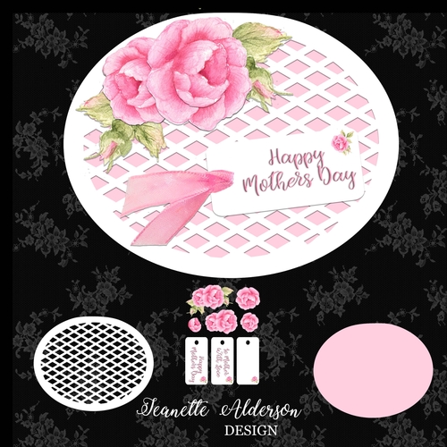 Oval card with Lattis mat and watercolor decoupage roses cutting print and cut file mothers day card