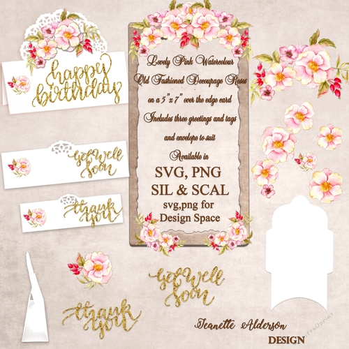 Pink watercolour rose decoupage over the edge card machine cutting file