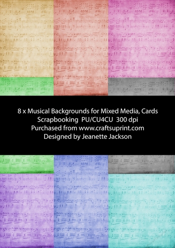 8 x  A4 Musical Backgrounds for Mixed Media, Cards, Scrapbooking