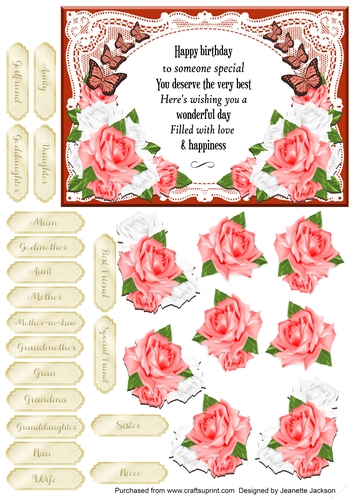 Peach and White Roses, Lace and Butterflies 7 x 5 card