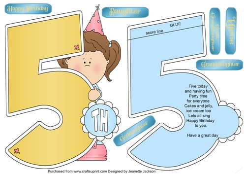 5th Birthday Girl Shaped A5 Card 