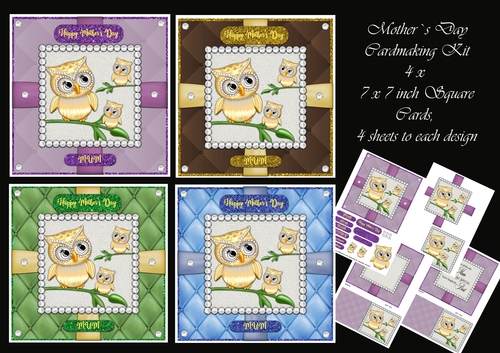 Mother`s Day Owls Cardmaking Kit 4 Designs 7 x 7 square cards